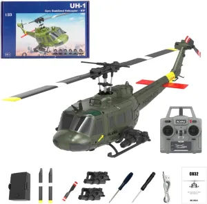 C032 UH-1 Huey Remote Control Helicopter, 1/48 Scale Flybarless RC Helicopter for Adults, with Optical Flow Positioning, Upgraded Armament Attachments (RTF Version)