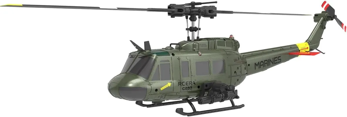 C032 UH-1 Huey Remote Control Helicopter, 1/48 Scale Flybarless RC Helicopter for Adults, with Optical Flow Positioning, Upgraded Armament Attachments (RTF Version)