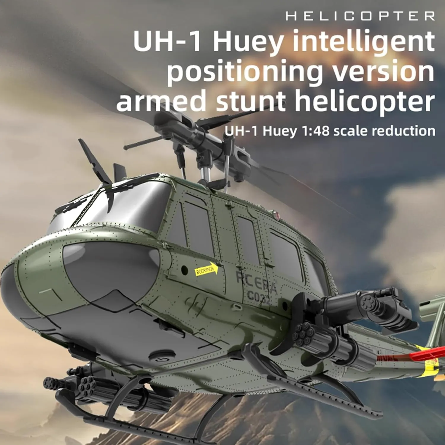 C032 UH-1 Huey Remote Control Helicopter, 1/48 Scale Flybarless Stunts RC Helicopter for Adults with 2 Battery Optical Flow Positioning Gift for Military Enthusiasts RTF(Yellow)