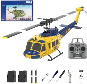 C032 UH-1 Huey Remote Control Helicopter, 1/48 Scale Flybarless Stunts RC Helicopter for Adults with 2 Battery Optical Flow Positioning Gift for Military Enthusiasts RTF(Yellow)