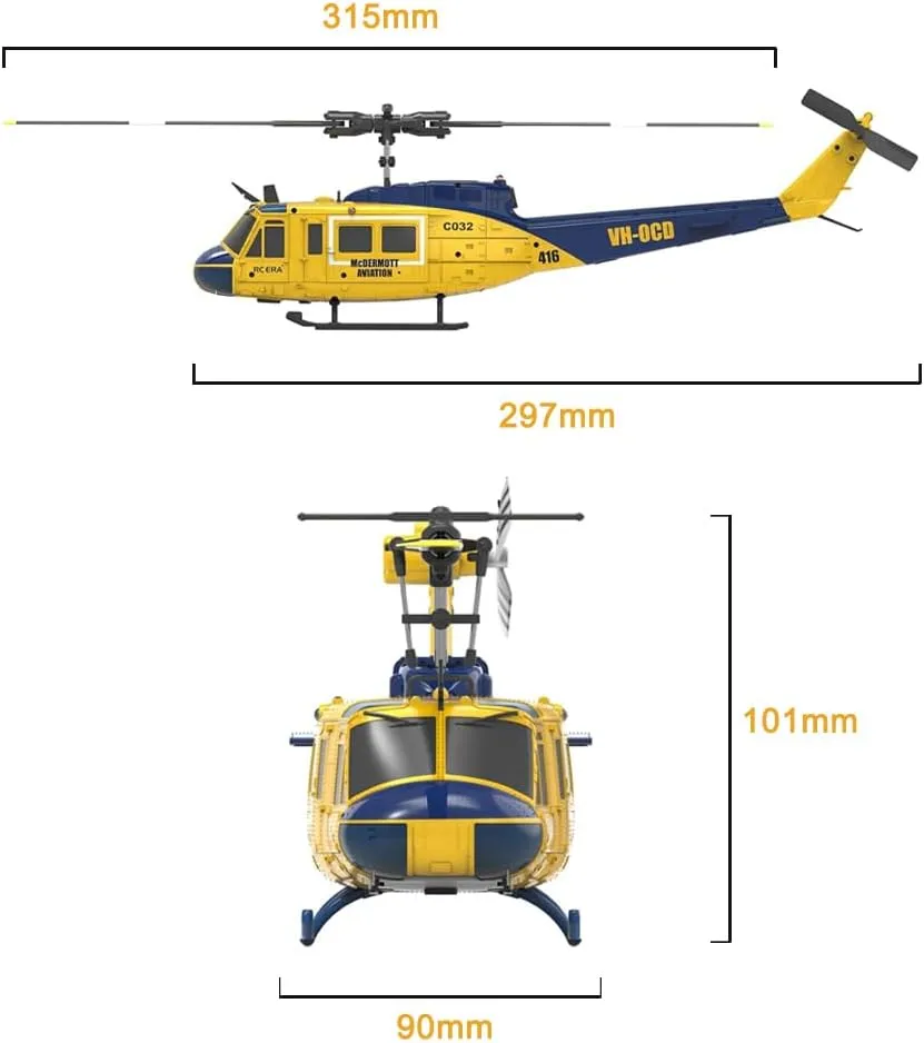 C032 UH-1 RC Helicopter, 2.4G 6CH Military Remote Control Helicopter with Altitude Hold Function and 2 Batteries Gift for RC Enthusiasts (Yellow)
