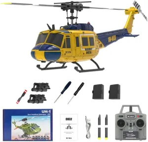 C032 UH-1 RC Helicopter, 2.4G 6CH Military Remote Control Helicopter with Altitude Hold Function and 2 Batteries Gift for RC Enthusiasts (Yellow)