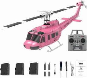 C032 1/48 Scale UH-1 Huey Flybarless RC Helicopter Model with 3 Battery, 2.4G 6CH, Gyro RC Stabilized Aircraft with Altitude Hold & 6 Axis Gyro Stabilized (RTF Version/Pink)