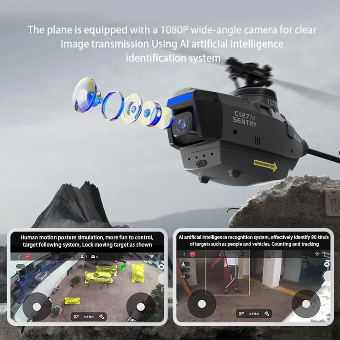 C127AI RC Helicopter with 1080P Camera, 2.4G 5G FPV AI Tracking Single-Rotor Brushless Scout Drone with 6-axis gyro & Altitude Hold - RTF