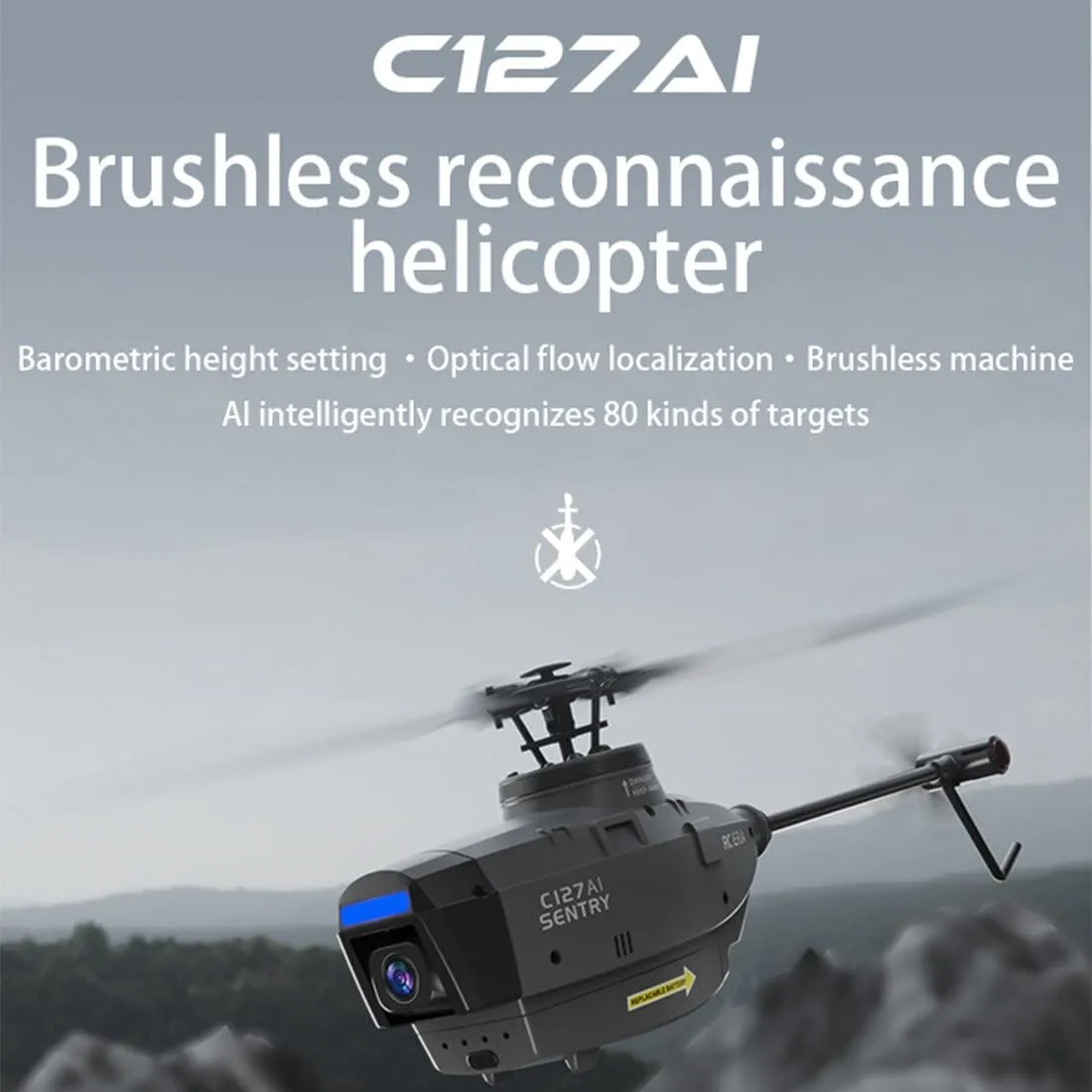 C127AI RC Helicopter with 1080P Camera, 2.4G 5G FPV AI Tracking Single-Rotor Brushless Scout Drone with 6-axis gyro & Altitude Hold - RTF