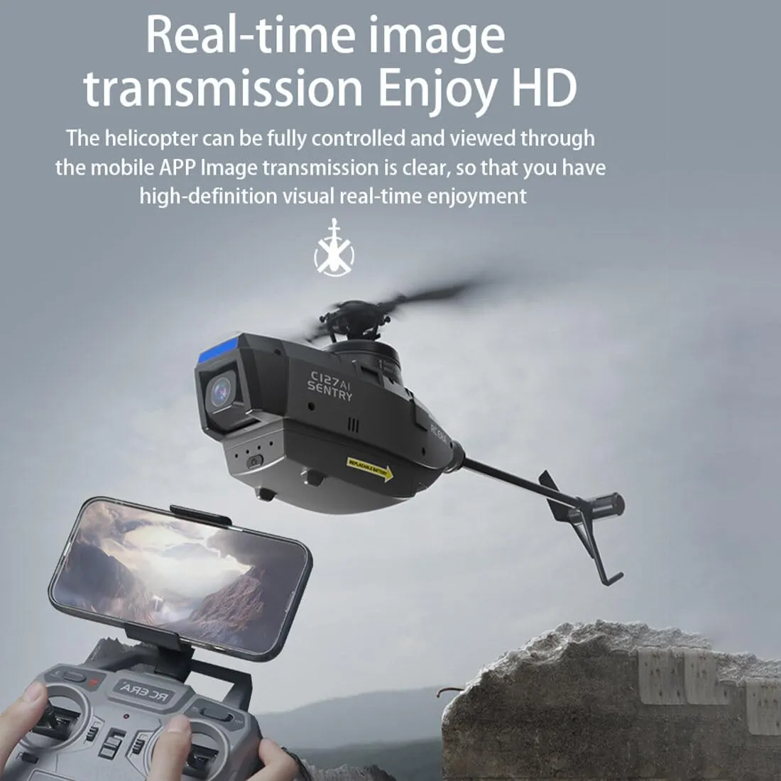 C127AI RC Helicopter with 1080P Wide-Angle Camera, 2.4G Remote Control, 4-CH Helicopter with Single-Rotor Brushless Motor (RTF Version/Black)
