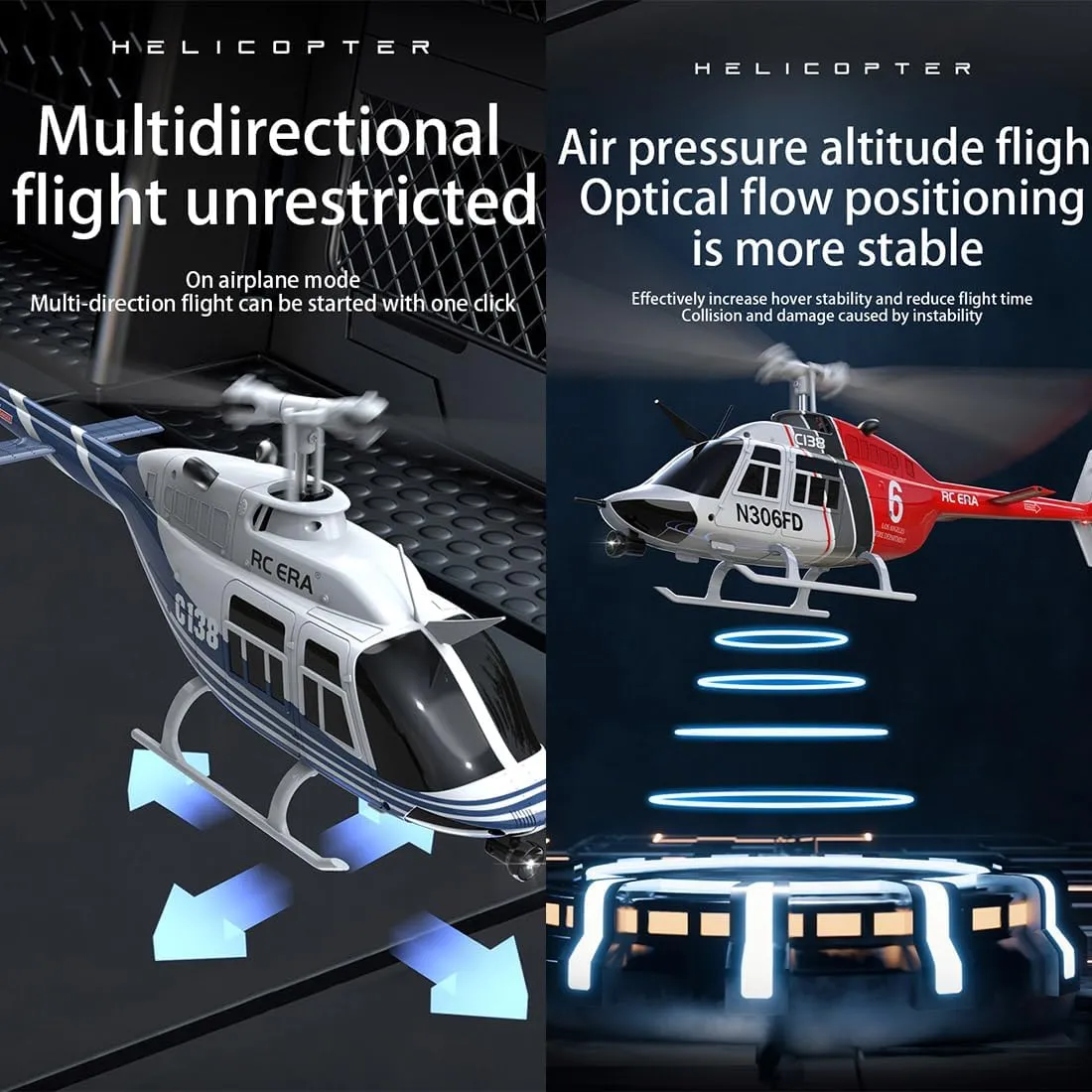 C138 206 Remote Control Helicopter with Optical Flow Positioning, 1/33 Scale 2.4G 6CH RC Aircraft Plane Drone with 6-axis Gyro & Altitude Hold & No Aileron -RTF Version