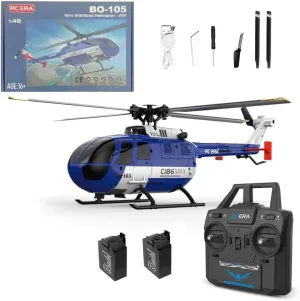 C186MAX BO105 New RC Helicopter, 1/48 6G Gyro 2.4G 4CH Single Flybarless Helicopter with Free Optical Flow Positioning Low Voltage Alarm One Click Function - Total Control/2 Battery