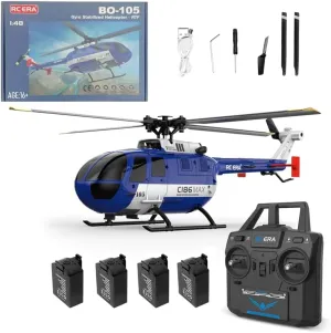 C186MAX BO105 New RC Helicopter, 1/48 6G Gyro 2.4G 4CH Single Flybarless Helicopter with Free Optical Flow Positioning Low Voltage Alarm One Click Function - Total Control/4 Battery
