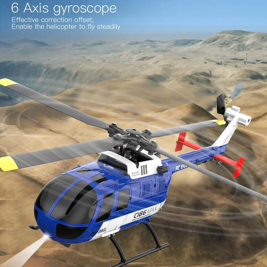 C186MAX BO105 New RC Helicopter, 1/48 6G Gyro 2.4G 4CH Single Flybarless Helicopter with Free Optical Flow Positioning Low Voltage Alarm One Click Function - Total Control/4 Battery