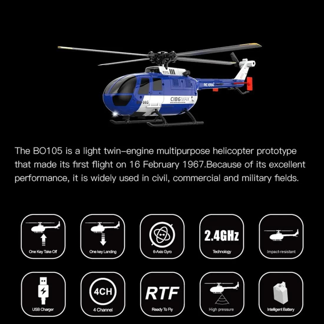 C186MAX Flybarless RC Helicopter for Adults, 2.4G 4CH Gunship RC Helicopter with 6-Axis Gyro & Altitude Hold - RTF