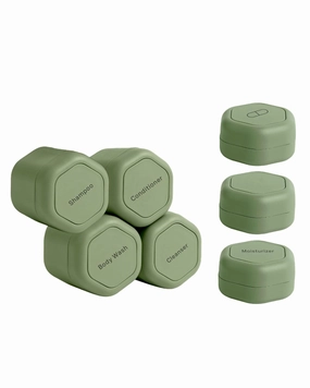 Cadence Travel Containers - Daily Routine Capsule Set - Magnetic Travel Capsules - For Shampoo, Conditioner, Body Wash, Pills, and More - 4 Flex Mediums (1.32oz) & 3 Flex Smalls (0.56oz) - Eucalyptus