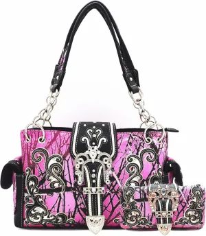 Camouflage Crown Buckle Western Style Purse Floral Shine Glow Country Handbag Women Shoulder Bag Crossbody Wallet Set