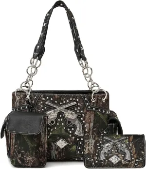 Camouflage Western Style Totes Studded Floral Handbag Tooled Leather Purse Country Women Shoulder Bag Zipper Wallet Set