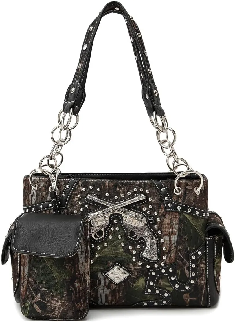 Camouflage Western Style Totes Studded Floral Handbag Tooled Leather Purse Country Women Shoulder Bag Zipper Wallet Set