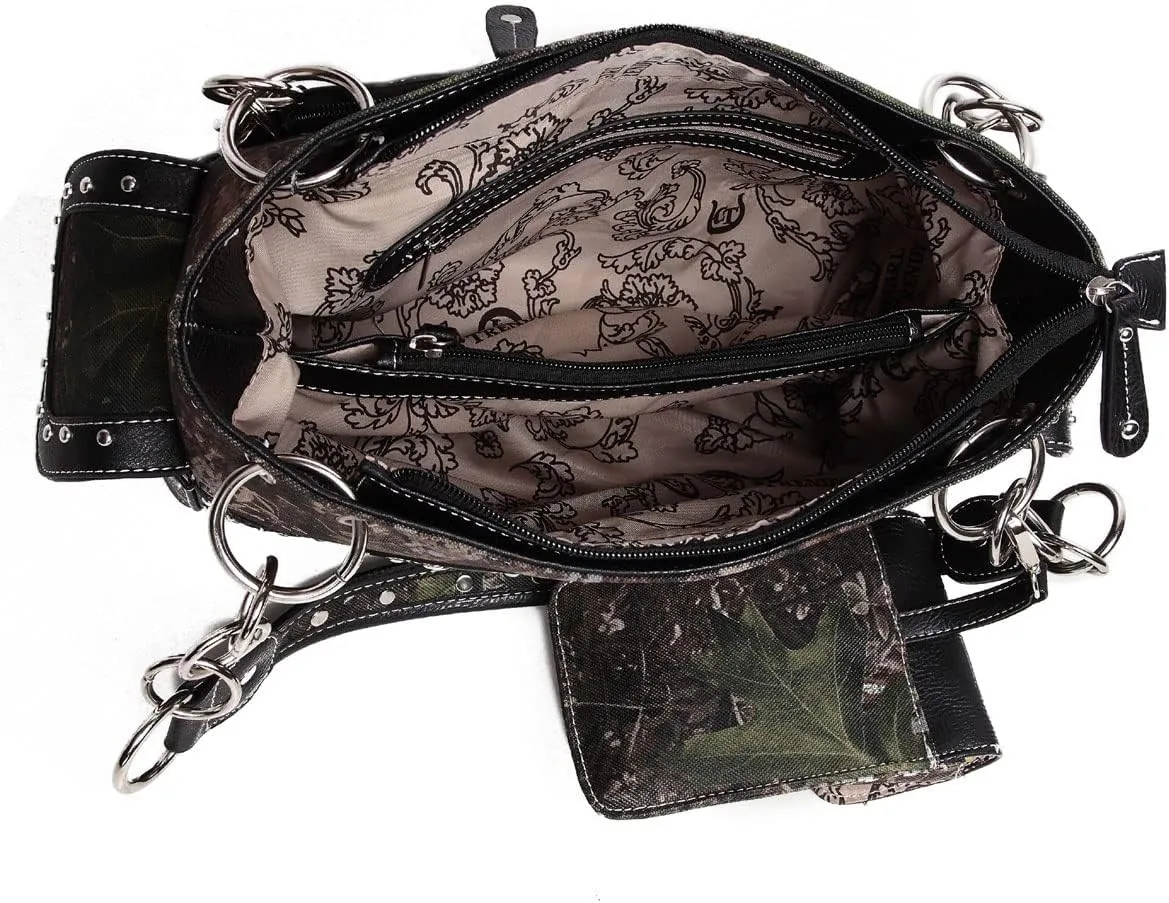 Camouflage Western Style Totes Studded Floral Handbag Tooled Leather Purse Country Women Shoulder Bag Zipper Wallet Set