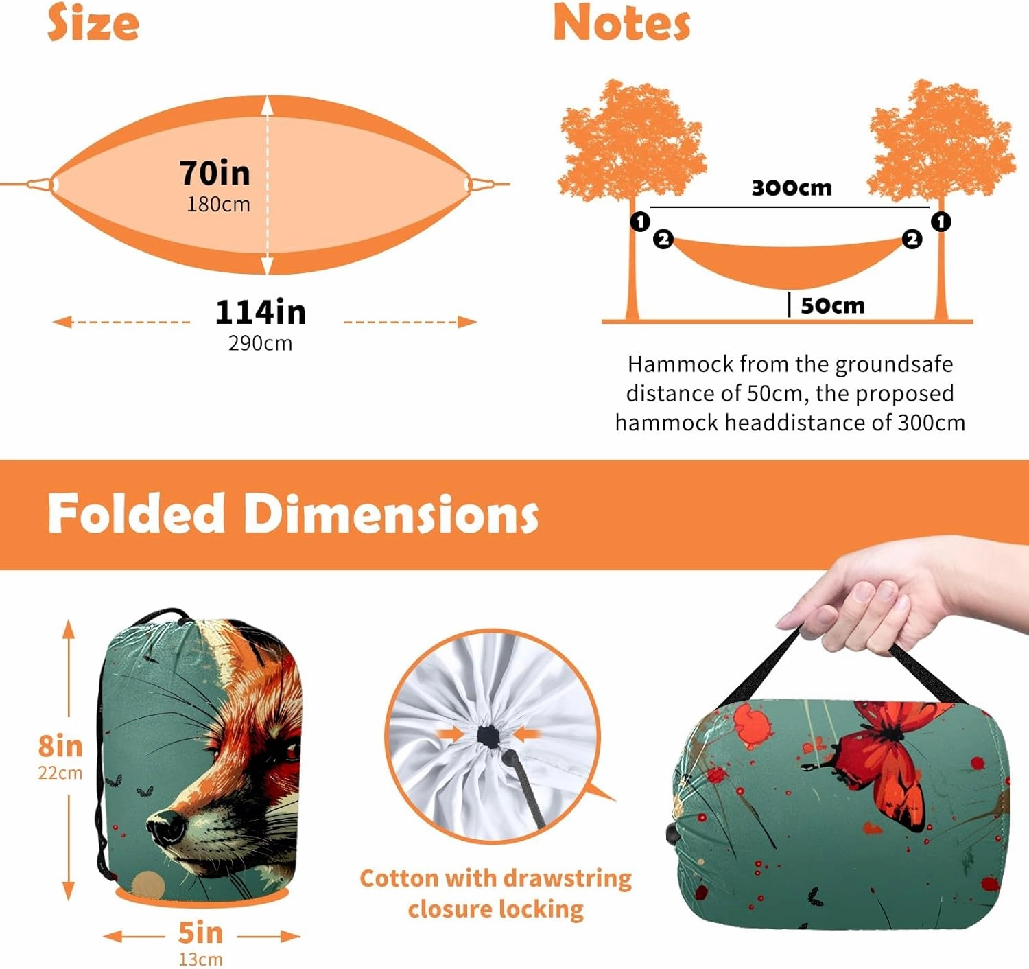 Camping Hammock Double & Single Portable Hammocks with 2 Tree Straps, Great for Hiking,Backpacking,Hunting,Outdoor,Beach,Camping, Fox (39)