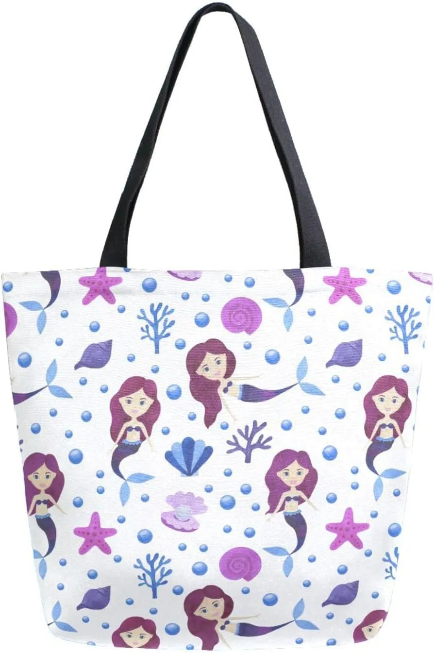 Canvas Tote Bag Mermaid Starfish Woman Beach Bag Children's Maritime Fairy Tale Shoulder Bag School Had Bag Handbag Holiday Gift