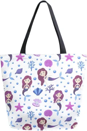 Canvas Tote Bag Mermaid Starfish Woman Beach Bag Children's Maritime Fairy Tale Shoulder Bag School Had Bag Handbag Holiday Gift
