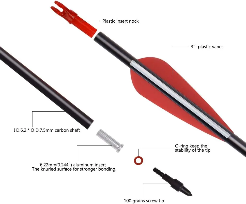 Carbon Arrow Hunting Target Practice Arrows 26 28 30 Inch with Removable Tips for Compound & Recurve Bow Spine 500 6/12PCS