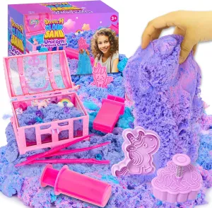 Carolart Unicorn Stretchy Cloud Sand,Blue & Pink Play Sand,Treasure Chest with Sensory Sand,Stretchable,Moldable,Expandable Cloud Slime,Tactile Fun Sensory Kit, Sensory Toys for Kids Ages 3 