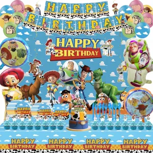 Cartoon Toy Birthday Decorations Supplies, Include Happy Birthday Banner Hanging Swirls Latex Foil Balloons Cake Cupcake Toppers Backdrop Tableware Set Tablecloth Stickers, for Birthday Party Supplies