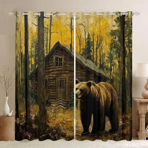 Castle Fairy 3D Brown Bear Window Curtains 2 Panels 52Wx96L Jungle Cabin Wooden Farmhouse Window Drapes for Kids Teens Adults Wild Animals Oil Painting Style Trees Curtains for Living Room