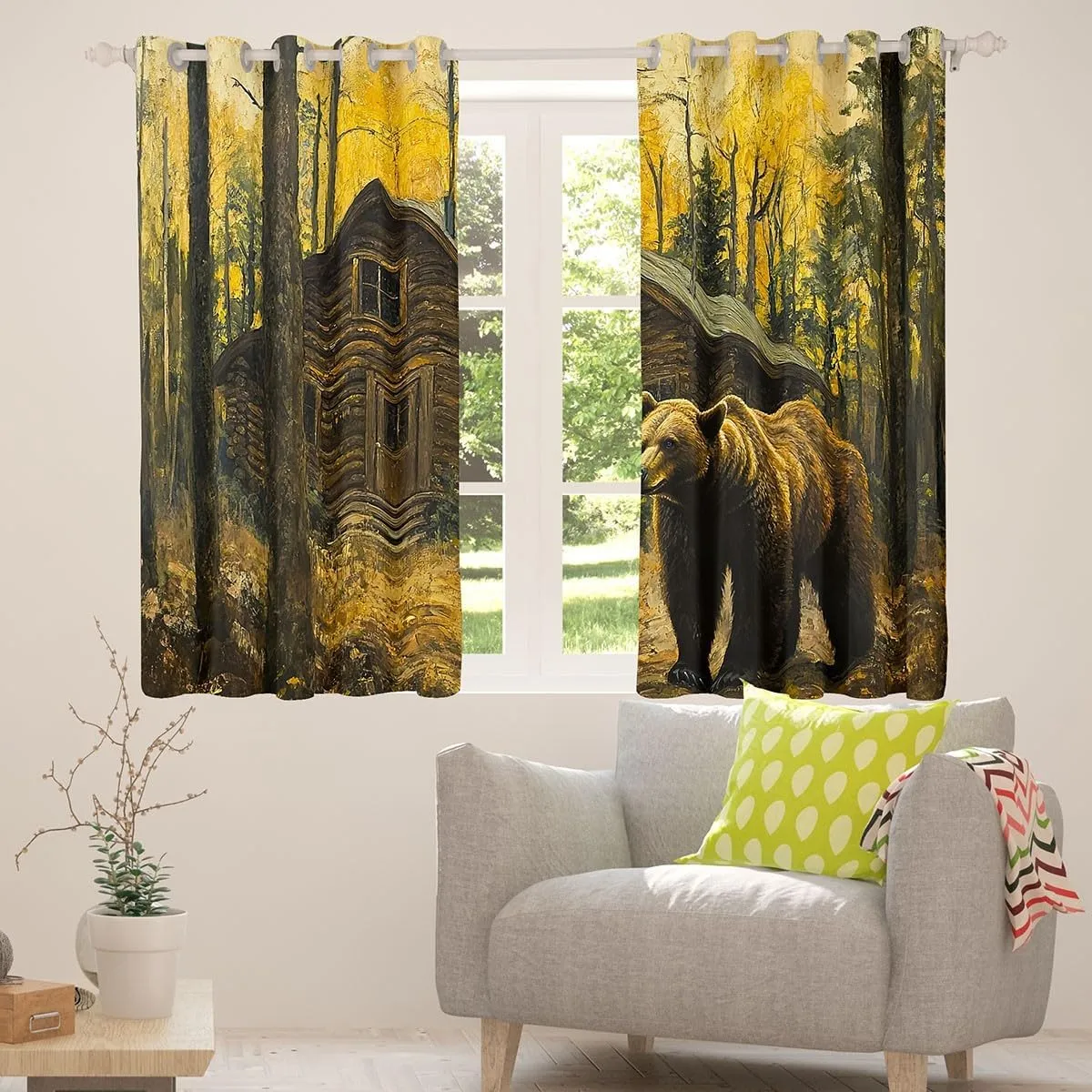 Castle Fairy 3D Brown Bear Window Curtains 2 Panels 52Wx96L Jungle Cabin Wooden Farmhouse Window Drapes for Kids Teens Adults Wild Animals Oil Painting Style Trees Curtains for Living Room
