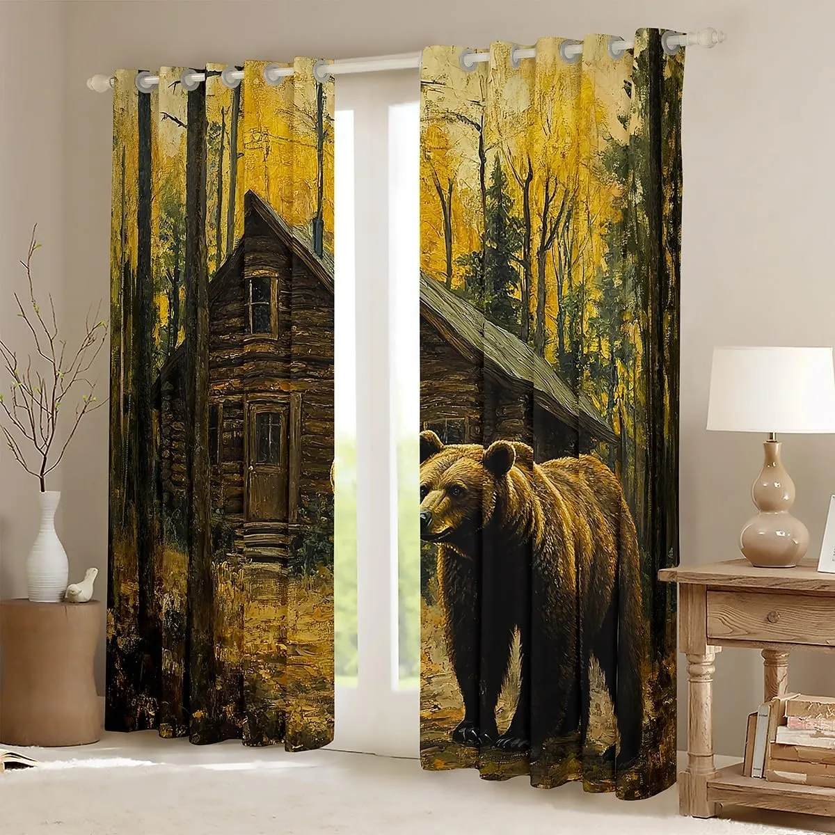 Castle Fairy 3D Brown Bear Window Curtains 2 Panels 52Wx96L Jungle Cabin Wooden Farmhouse Window Drapes for Kids Teens Adults Wild Animals Oil Painting Style Trees Curtains for Living Room