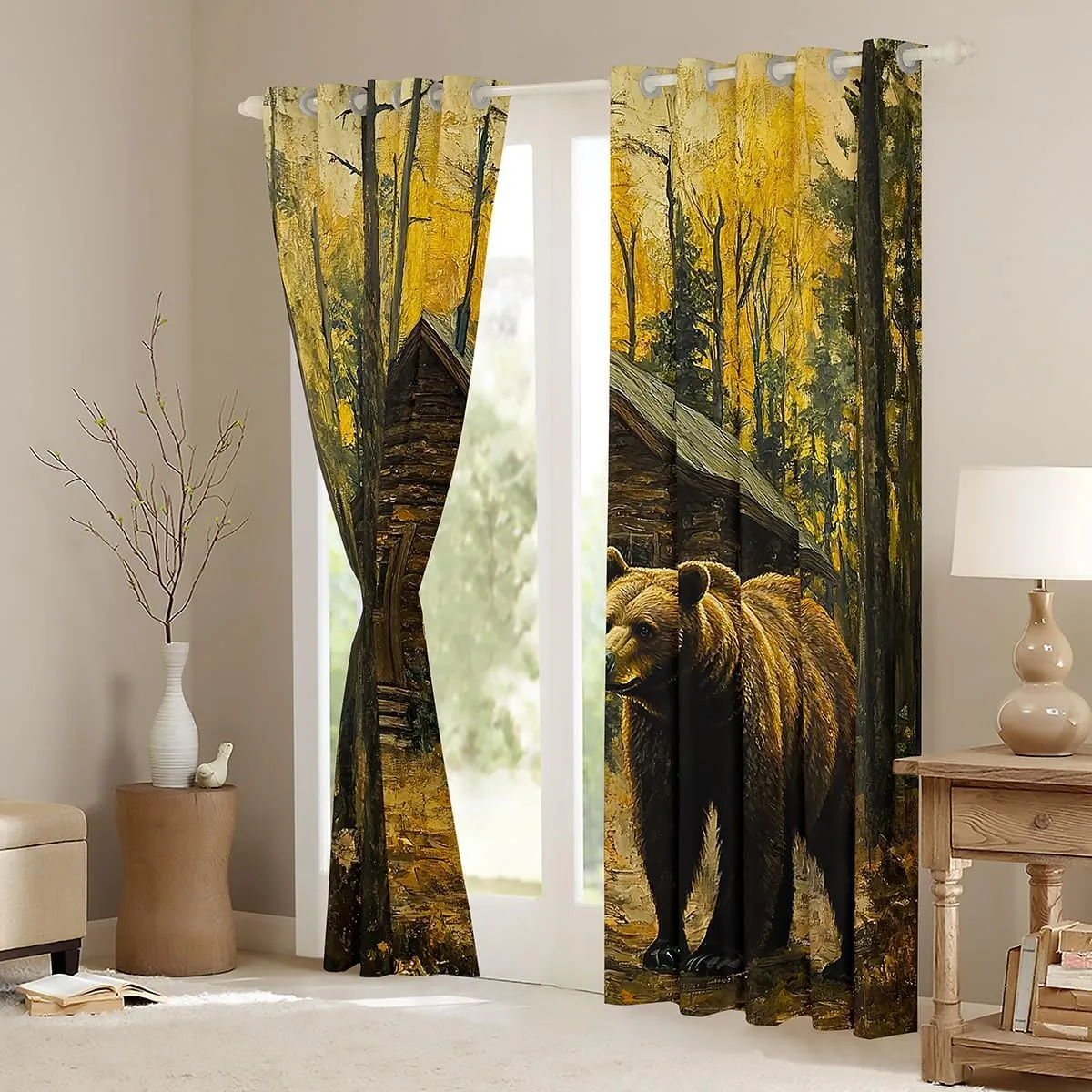 Castle Fairy 3D Brown Bear Window Curtains 2 Panels 52Wx96L Jungle Cabin Wooden Farmhouse Window Drapes for Kids Teens Adults Wild Animals Oil Painting Style Trees Curtains for Living Room