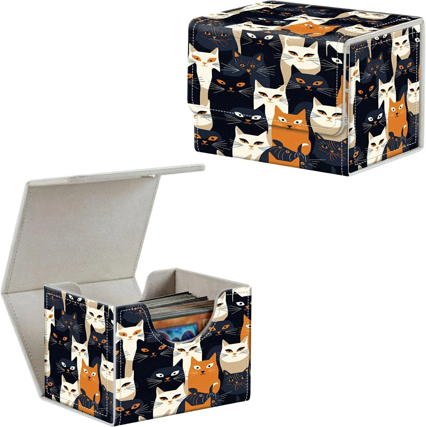 Cats Card Deck Box Organizer, 100  Sleeved Cards Deck Case For Trading Cards, Leather Magnetic Closure Commander Deck Box Holds Magnetic Card Storage Box Fits for MTG TCG CCG