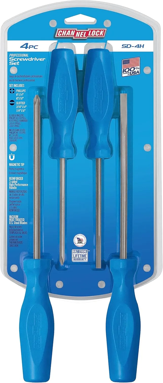 CHANNELLOCK SD-4H 4pc Standard Screwdriver Set, Magnetic Tip, Made in USA, Molded Tri-Lobe Grip
