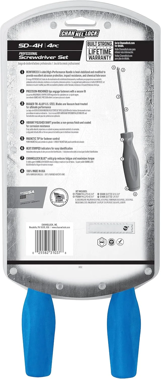 CHANNELLOCK SD-4H 4pc Standard Screwdriver Set, Magnetic Tip, Made in USA, Molded Tri-Lobe Grip