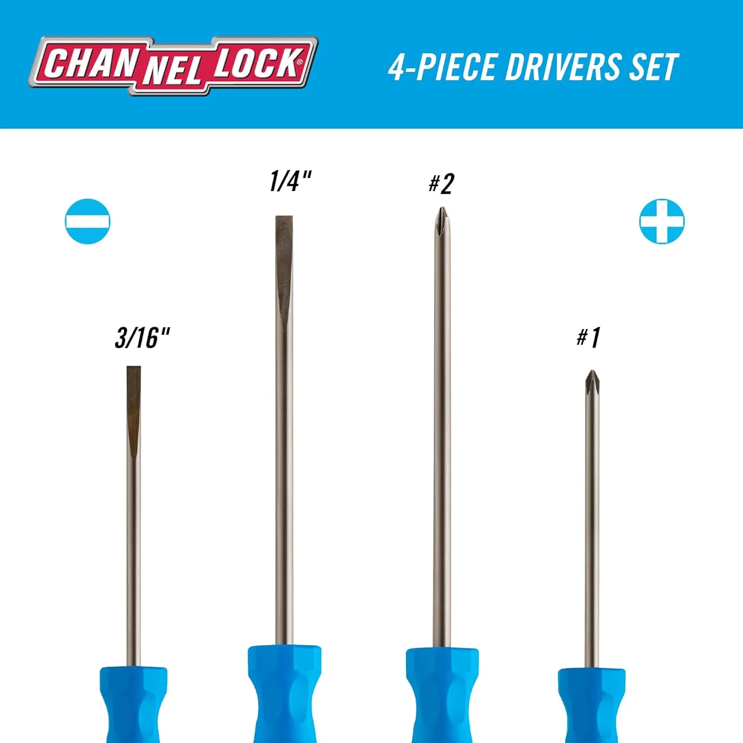 CHANNELLOCK SD-4H 4pc Standard Screwdriver Set, Magnetic Tip, Made in USA, Molded Tri-Lobe Grip