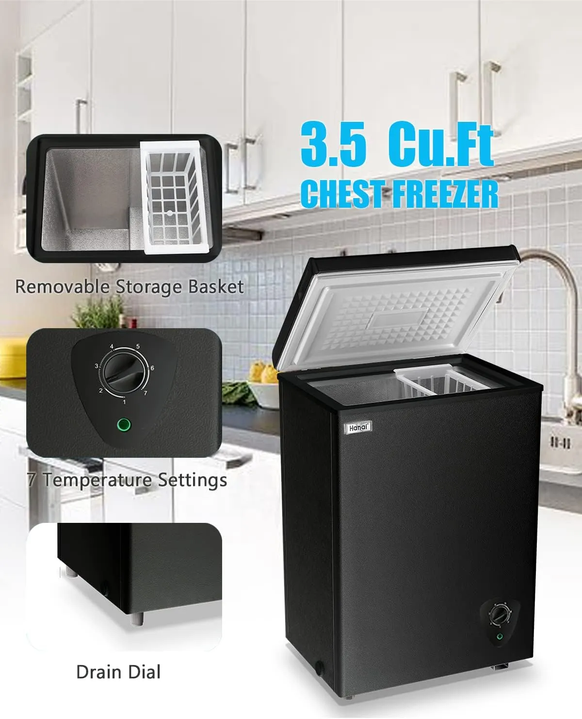Chest Freezer Small Freezer Black Deep Freezers 3.5 Cu.Ft Compact Free-Standing Top Door Adjustable 7 Thermostat and Removable Basket Open Deep Freezer Energy Saving Apartment Kitchen