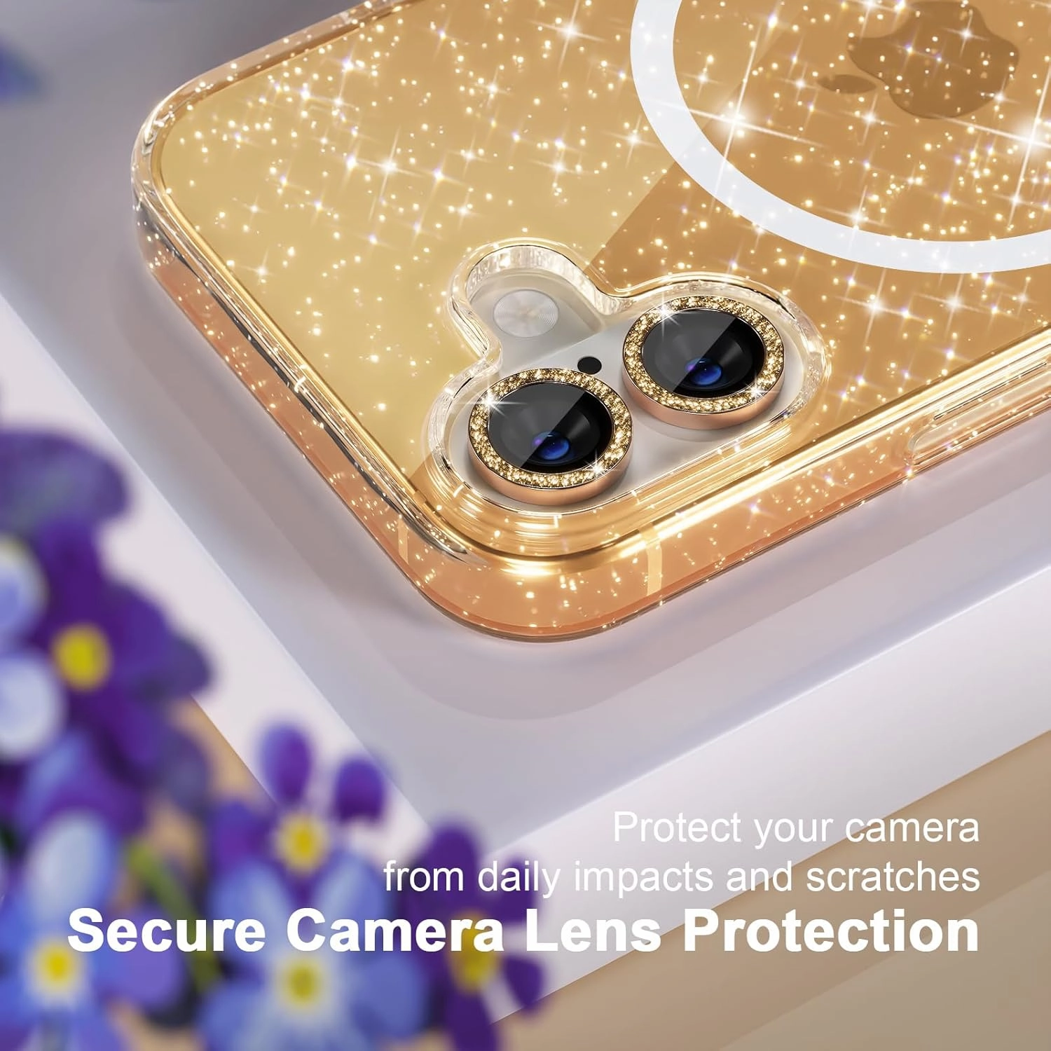 Choiche for iPhone 16 Case Magnetic, Women Clear Glitter Bling Sparkly Case, [2xDiamond Camera Lens Protectors] [2xTempered Glass Screen Protectors] [Compatible MagSafe] 6.1" (Glitter Gold)