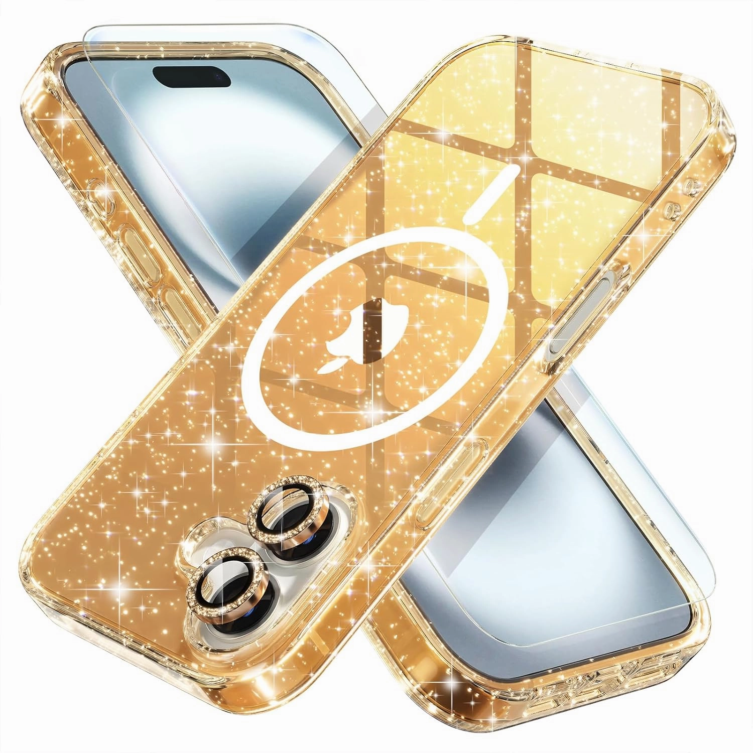Choiche for iPhone 16 Case Magnetic, Women Clear Glitter Bling Sparkly Case, [2xDiamond Camera Lens Protectors] [2xTempered Glass Screen Protectors] [Compatible MagSafe] 6.1" (Glitter Gold)