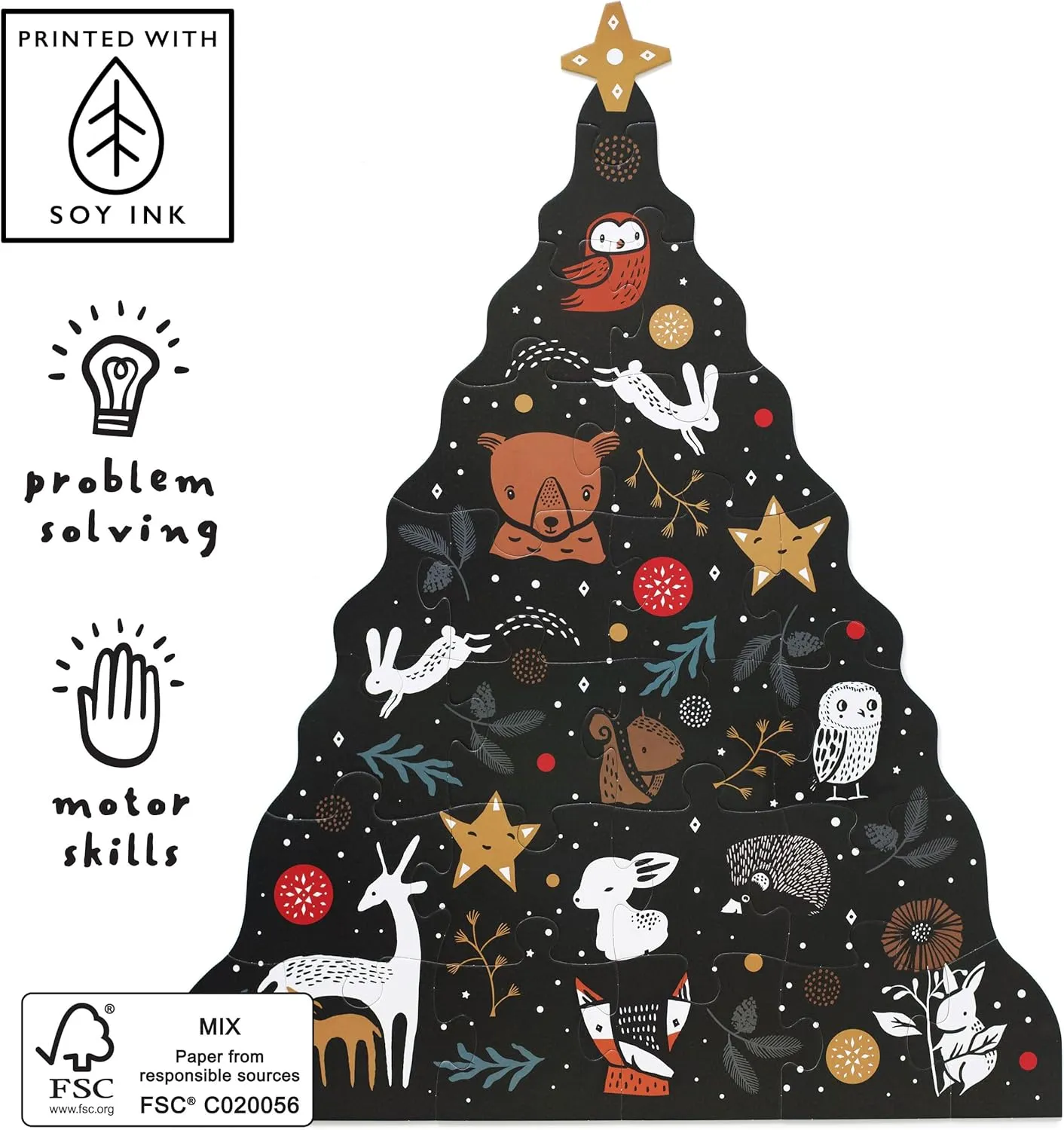 Christmas Tree Floor Puzzle, 24 Large Pieces, Winter Holiday Animals, Traditional Decoration, Learning Activities Toy, Brain Games, Train Motor Skills, Puzzles for Preschool, Toddler, Children, Kids