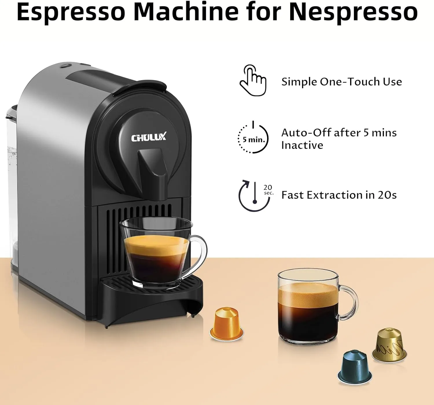 CHULUX Bafè-Pro Espresso Machine, Mini Espresso Machine for Nespresso Original Capsules, Single Serve Coffee Machine for Home Espresso & Lungo Maker, Italian ODE 20 Bar Pump, Metallic Gray