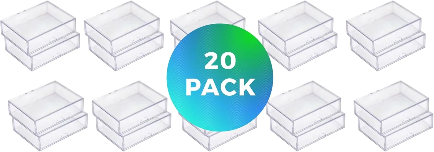 Clear Hard Plastic Box with Lid, Stackable Playing Card Storage Box and Display Case, 3 1/2" L x 2 1/2" W x 1" H, 20 Boxes, Made in USA