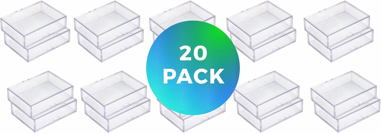 Clear Hard Plastic Box with Lid, Stackable Playing Card Storage Box and Display Case, 3 1/2" L x 2 1/2" W x 1" H, 20 Boxes, Made in USA