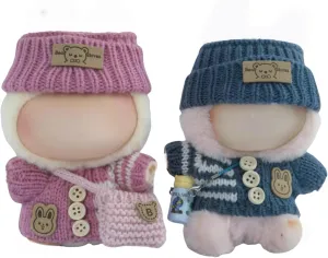 Clothes Set for Labubu 17cm Dolls,2-Piece Set Contains 6 Accessories, Knitted Outfits for 17 cm Plush Toys, Mini Winter Style Gift for Collectors (No Doll) (Pink Blue)