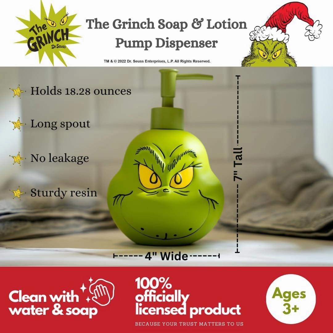 Collectibles Dr. Seuss' The Grinch Holiday Christmas Soap/Lotion/Hand Sanitizer Resin Pump Dispenser, 18.28 Ounces, (Officially Licensed Product) by Franco