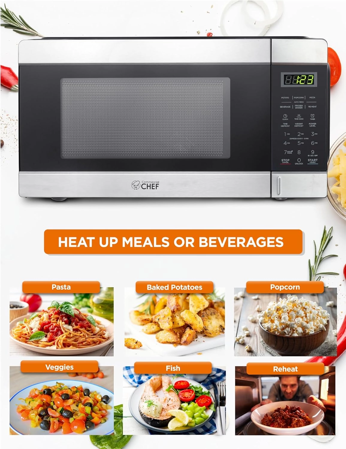 Commercial CHEF Countertop Microwave, 1.1 Cubic Feet, Black With Stainless Steel Trim