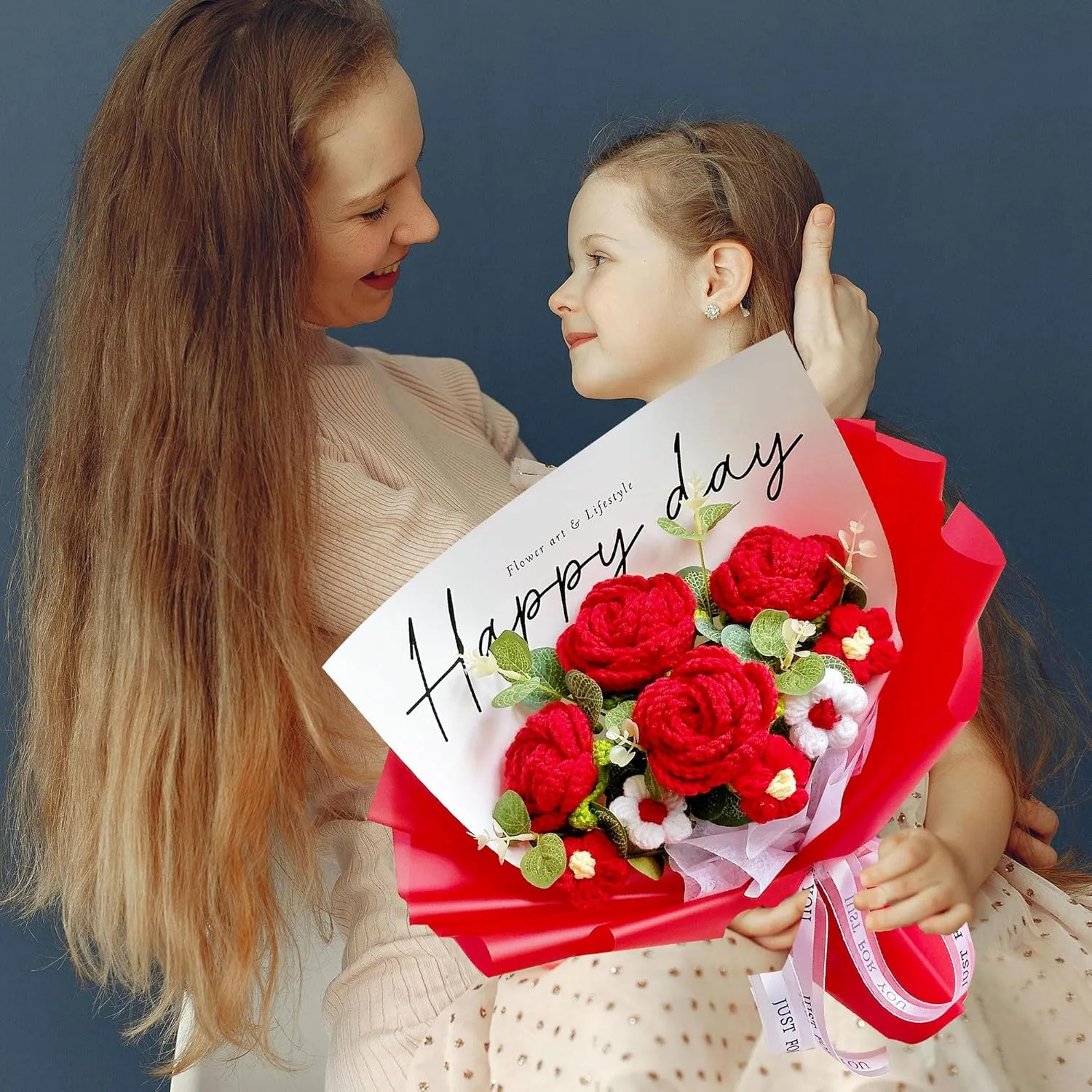 Completed Crochet Flowers Handmade Knitted Bouquet [ Rose Puff Flower Fairy Light Gift Card Bag Kit ] for Mother Valentines Birthday Wedding Home Decor (Red)