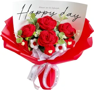 Completed Crochet Flowers Handmade Knitted Bouquet [ Rose Puff Flower Fairy Light Gift Card Bag Kit ] for Mother Valentines Birthday Wedding Home Decor (Red)
