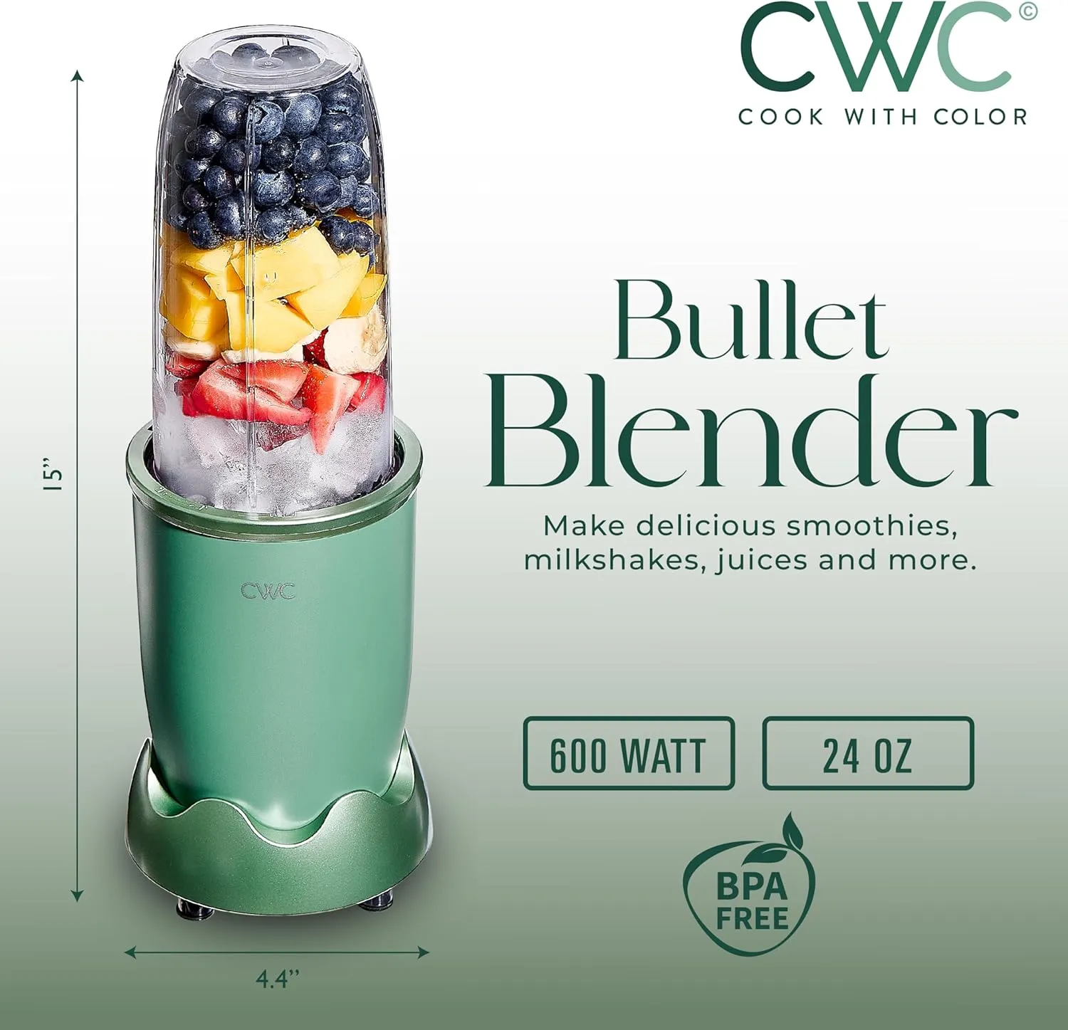 COOK WITH COLOR Personal Power Blender 600W, 24oz Capacity, BPA-Free Jar, Ice-Crushing Blades, Ideal for Smoothies & More, Anti-Slip Feet, Easy to Clean, Dark Sage