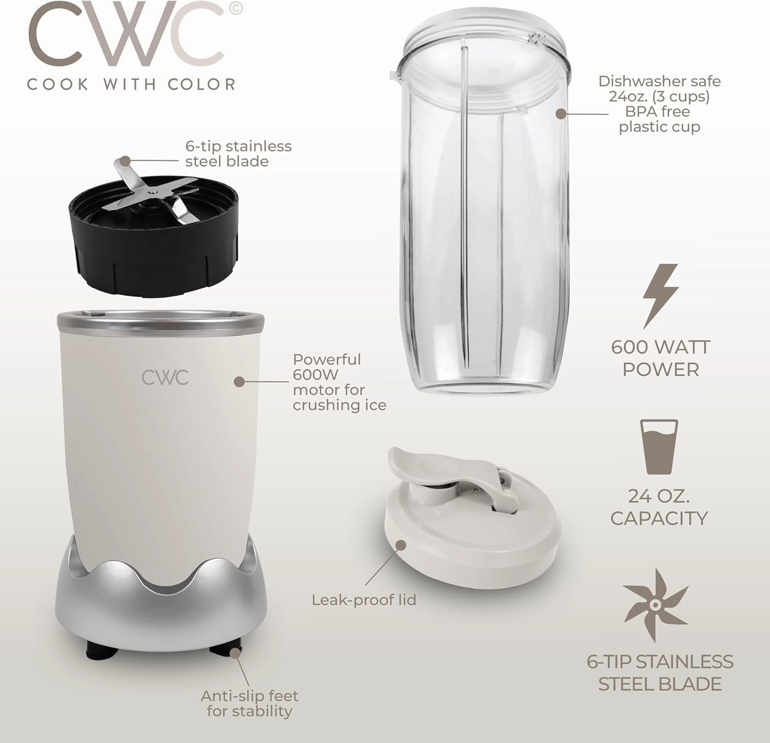 COOK WITH COLOR Personal Power Blender 600W, 24oz Capacity, BPA-Free Jar, Ice-Crushing Blades, Ideal for Smoothies & More, Anti-Slip Feet, Easy to Clean, Cream