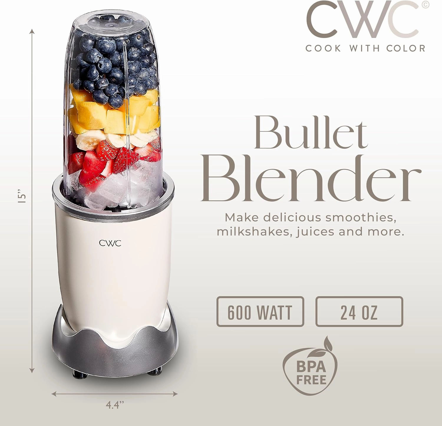 COOK WITH COLOR Personal Power Blender 600W, 24oz Capacity, BPA-Free Jar, Ice-Crushing Blades, Ideal for Smoothies & More, Anti-Slip Feet, Easy to Clean, Cream