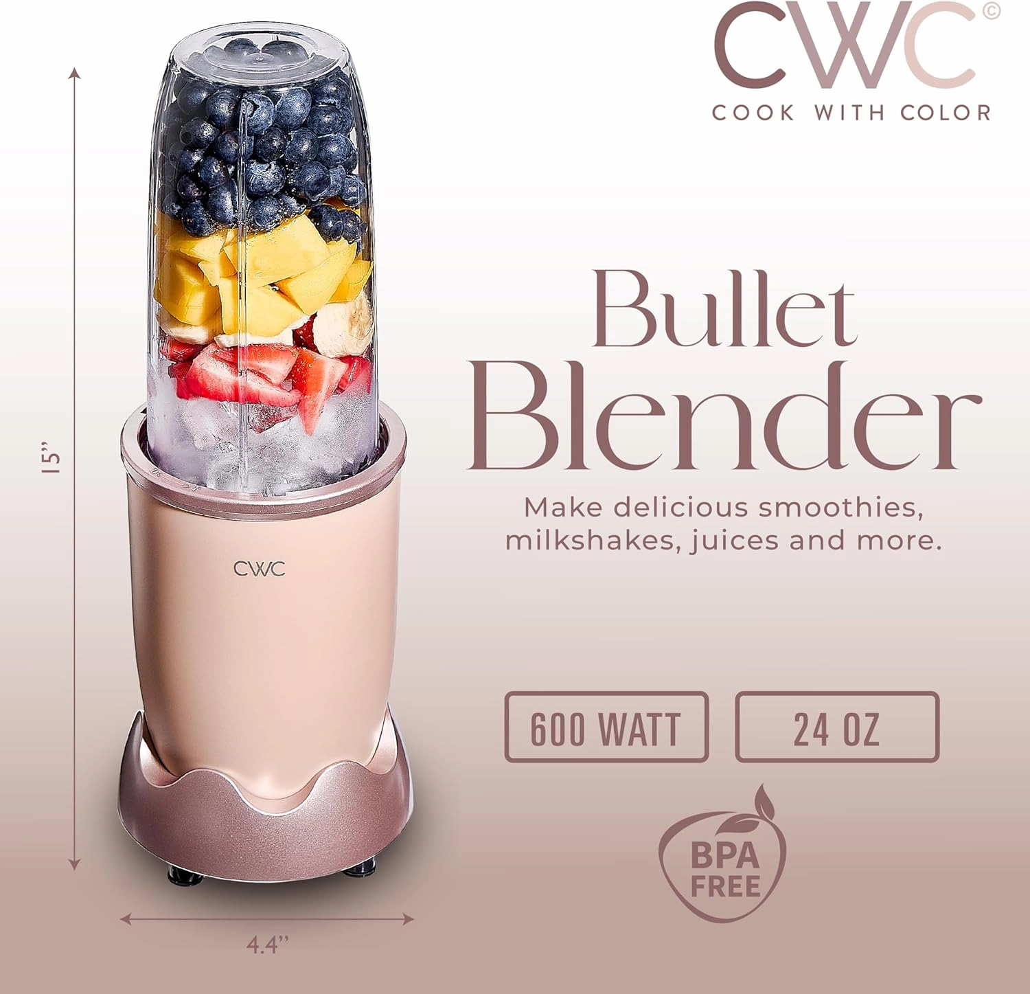 COOK WITH COLOR Personal Power Blender 600W, 24oz Capacity, BPA-Free Jar, Ice-Crushing Blades, Ideal for Smoothies & More, Anti-Slip Feet, Easy to Clean, Dusty Rose